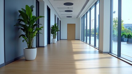 Modern Office Hallway with Natural Light and Indoor Plants