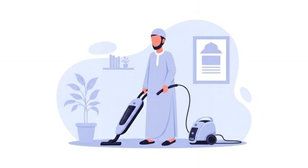 Obraz premium Man in Traditional Clothing Vacuuming Modern Home