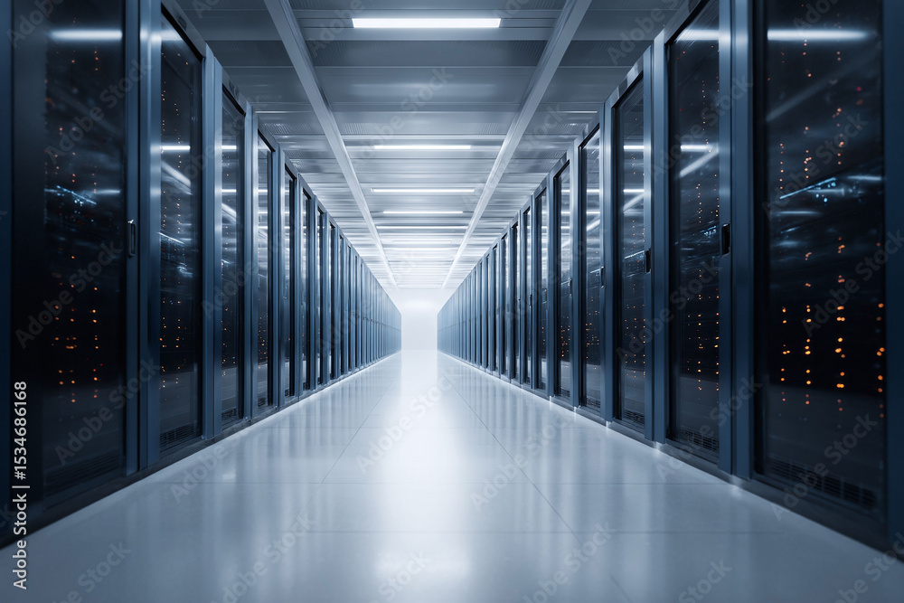Poster futuristic server room. data center with endless rows of illuminated server racks. represents techno