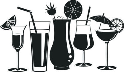 This collection of black and white images features various illustrations of beverages in different types of glasses and cups, some including ice cubes or straws.
