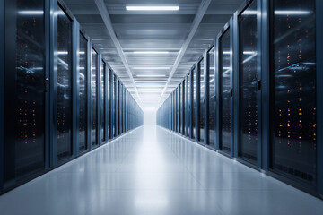 Fototapeta premium Futuristic server room. Data center with endless rows of illuminated server racks. Represents technology, connectivity, processing, information, security.