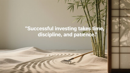 A bamboo plant is in the foreground of a sandy beach. The image is titled "Successful investing takes time, discipline