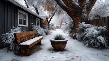 A frosty garden with delicate ice crystals on dormant plants, snow on garden furniture, and a frozen fountain in the center