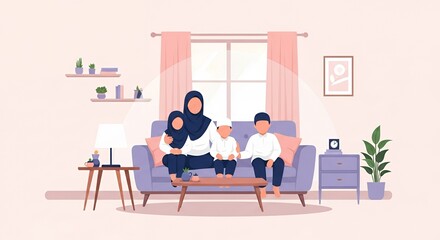 Fototapeta premium Muslim Family Cozy Living Room Scene - Flat Illustration