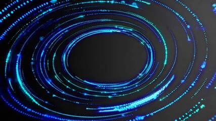 Loopable glowing blue digital particle rings swirling on dark background, abstract futuristic vortex motion for tech, cyberspace, or sci-fi video content