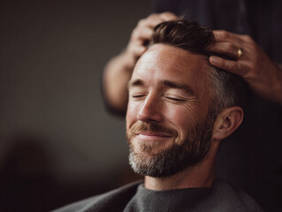 Obraz premium Relaxed man enjoying a soothing head massage. Eyes closed, serene expression. Perfect for wellness, grooming, selfcare, or lifestyle concepts. Soft, natural light.