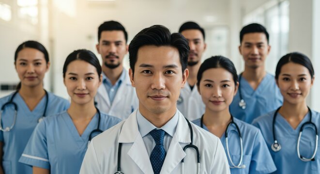 Healthcare team collaboration hospital group portrait professional setting medical expertise