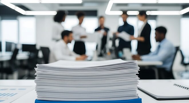 Business Meeting: Documents in Focus, Diverse Team Collaboration