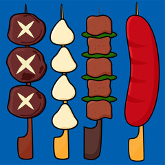 Set of grilled food skewers on wood
