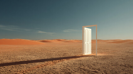 Opened door on desert. Unknown and start up concept. 