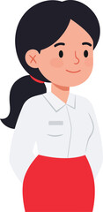 Obraz premium Woman in white shirt and red skirt vector illustration with dark hair and ponytail hairstyle standing calmly 