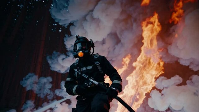 Dramatic low-angle shot of a firefighter in gear against a backdrop of smoke and flames, capturing a cinematic, intense video scene.