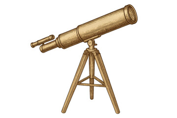 Vintage telescope mounted on wooden tripod, positioned for astronomical viewing against clear isolated background