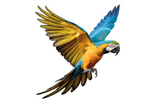 A vibrant macaw in mid flight against a white background showcasing its colorful plumage and powerful wings