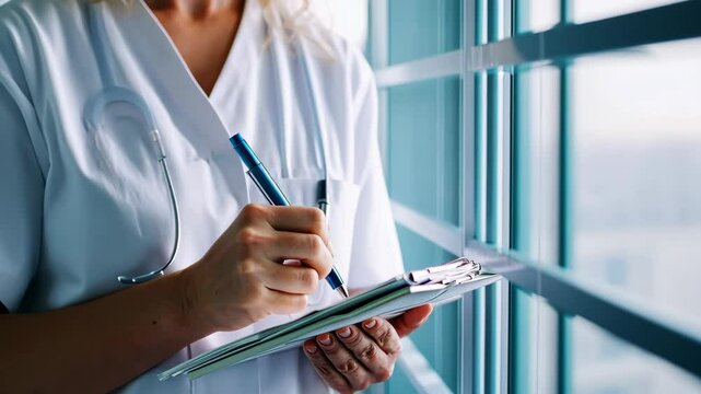 Healthcare professional taking notes in modern medical facility