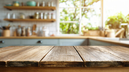 Wooden table on blurred kitchen bench background. 