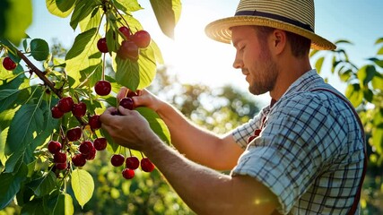 Farmer harvesting ripe cherries under bright sunlight in orchard