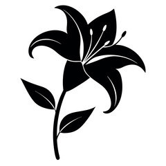 Black silhouette of a single lily flower on a white background. Ideal for floral prints, tattoo designs, minimalist decor, botanical themes, and nature-inspired graphic projects