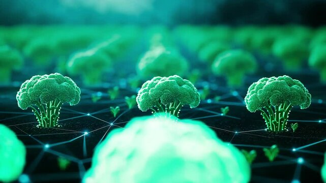 Luminous broccoli icons rise on a glowing network grid simulating data connectivity across a virtual farm. Concept of blockchain traceability in agriculture.
