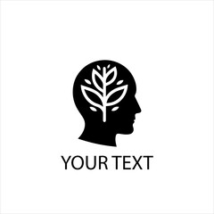 Vector Logo of Human Head Silhouette with Leaf Inside &mdash; Natural Mental Wellness Symbol Isolated on White Background