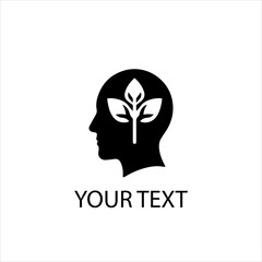 Vector Logo of Human Head Silhouette with Leaf Inside &mdash; Natural Mental Wellness Symbol Isolated on White Background