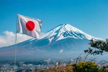 Fototapeta premium Japan flag with snow mountain for tour travel.