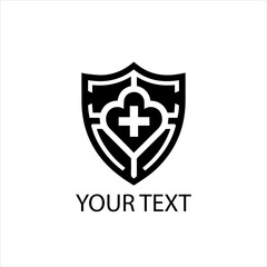 Minimalist Vector Logo of Shield with Medical Heart or Cross Symbol &mdash; Black Isolated Design