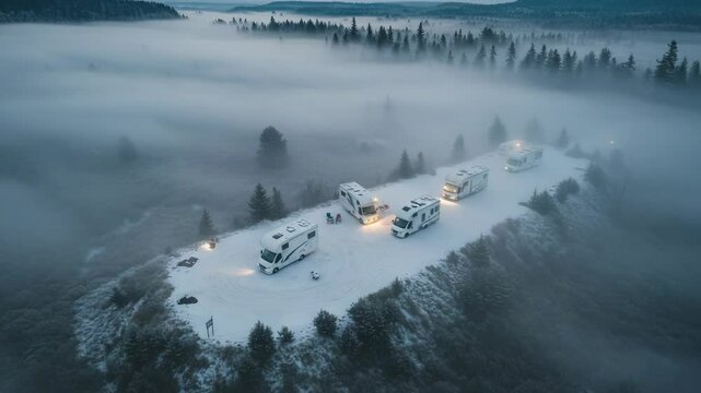 Scenic Winter Campground with RVs Surrounded by Fog and Pines