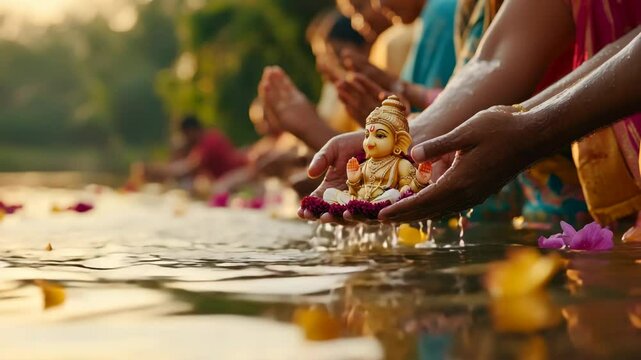 Devotees gather for vibrant river ritual with flowers and ganesha idol in hand