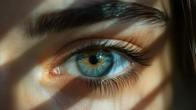 An extreme close-up reveals intricate blue iris patterns and long eyelashes illuminated by soft prism light. Concept of human vision detail and personal identity.