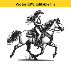 Monochromatic depiction of a Cowgirl riding a horse in a dynamic, flowing style with clear linework and detailed saddle