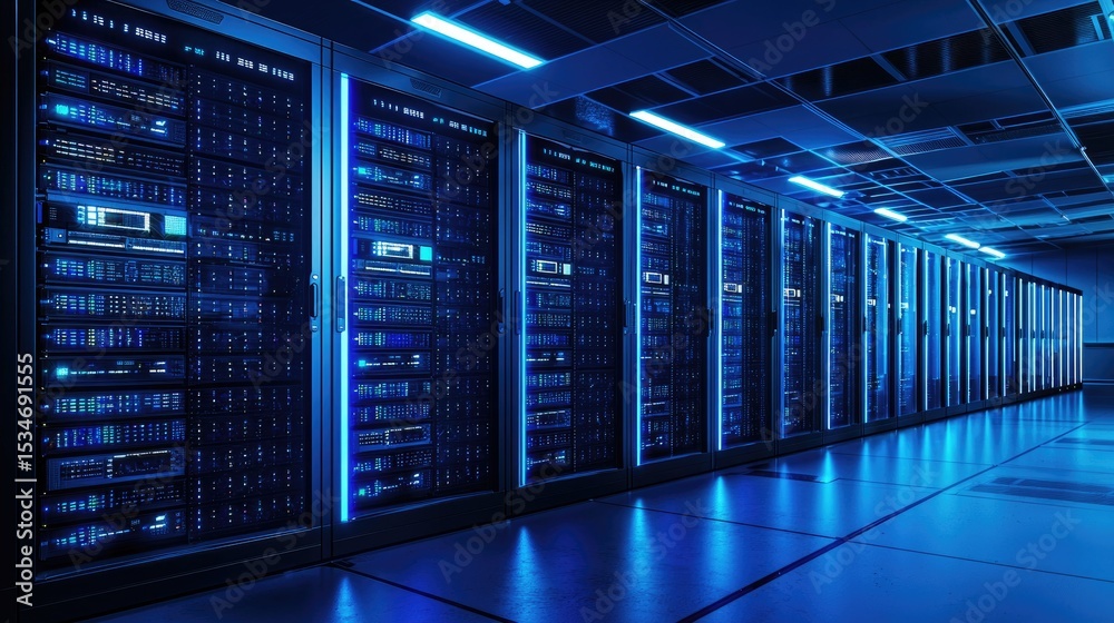 Poster bright blue server racks in a high-capacity modern data center facility, ideal for use in cloud comp