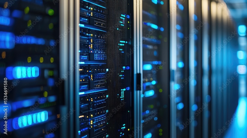 Aufkleber Close-up view of modern illuminated server racks in a high-tech data center with glowing lights, ideal for cloud computing, network security, and IT infrastructure visuals