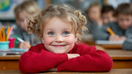 A blue eyed blonde child in a red sweater rests her chin on folded arms in a classroom. Concept of innocent curiosity and early education. - Powered by Adobe