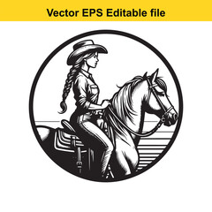Monochromatic depiction of a woman riding a horse wearing a cowboy hat in a circular frame graphic art design