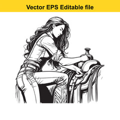 Monochrome Illustration of a Woman in Western Attire Adjusting a Horse Saddle with Intricate Line Work Depicting Rural Life