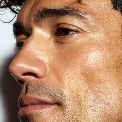 close-up Latino man's face, nose and cheek area, enlarged pores vs minimized pores after toner