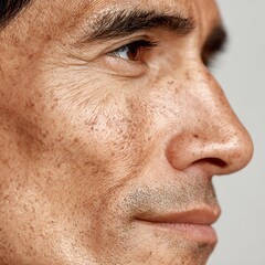 Obraz premium close-up Latino man's face, nose and cheek area, enlarged pores vs minimized pores after toner