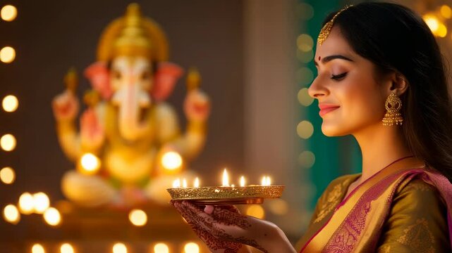 Woman holding diyas in festive celebration with ganesh statue in background