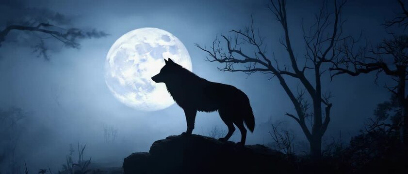 A lone wolf silhouette howls on a rocky ridge beneath a luminous full moon. Concept of wilderness spirit and primal freedom.