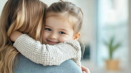 Heartwarming motherdaughter embrace with joyful smiles in bright home setting