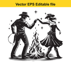 Silhouette of a Cowboy and Cowgirl Dancing Around a Campfire Under a Starry Night Sky, Expressing Joy and Freedom