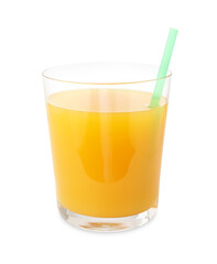 Tasty mango juice in glass with straw isolated on white