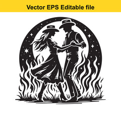 Silhouetted Western Dancers Under the Stars Gracefully Dancing Together Expressing Joy and Harmony in a Vintage Country Setting