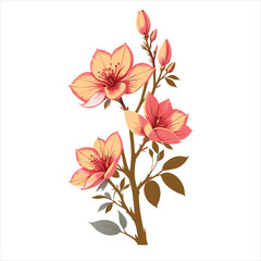 Elegant Floral Arrangement Featuring Peach and Red Flowers with Brown Stems and Leaves on a White Background Detailed Illustration