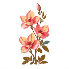Elegant Floral Arrangement Depicting Pink and Cream Colored Flowers with Buds and Green Leaves, A Beautiful Botanical Illustration
