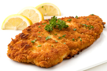 Crispy golden-brown breaded schnitzel on white background