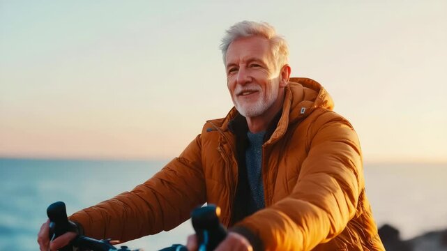 Joyful senior man riding bicycle along scenic coastal path at sunset - Powered by Adobe
