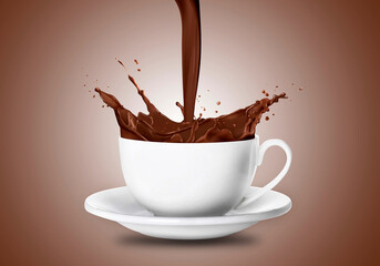 Pouring tasty chocolate milk into cup on brown gradient background. Splashing drink