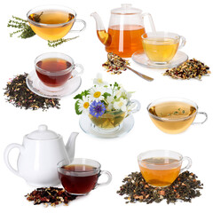 Herbal tea in glass cups and teapots isolated on white, collage